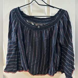 Shyanne Navy Striped Off-Shoulder Blouse with Red Pom-Poms